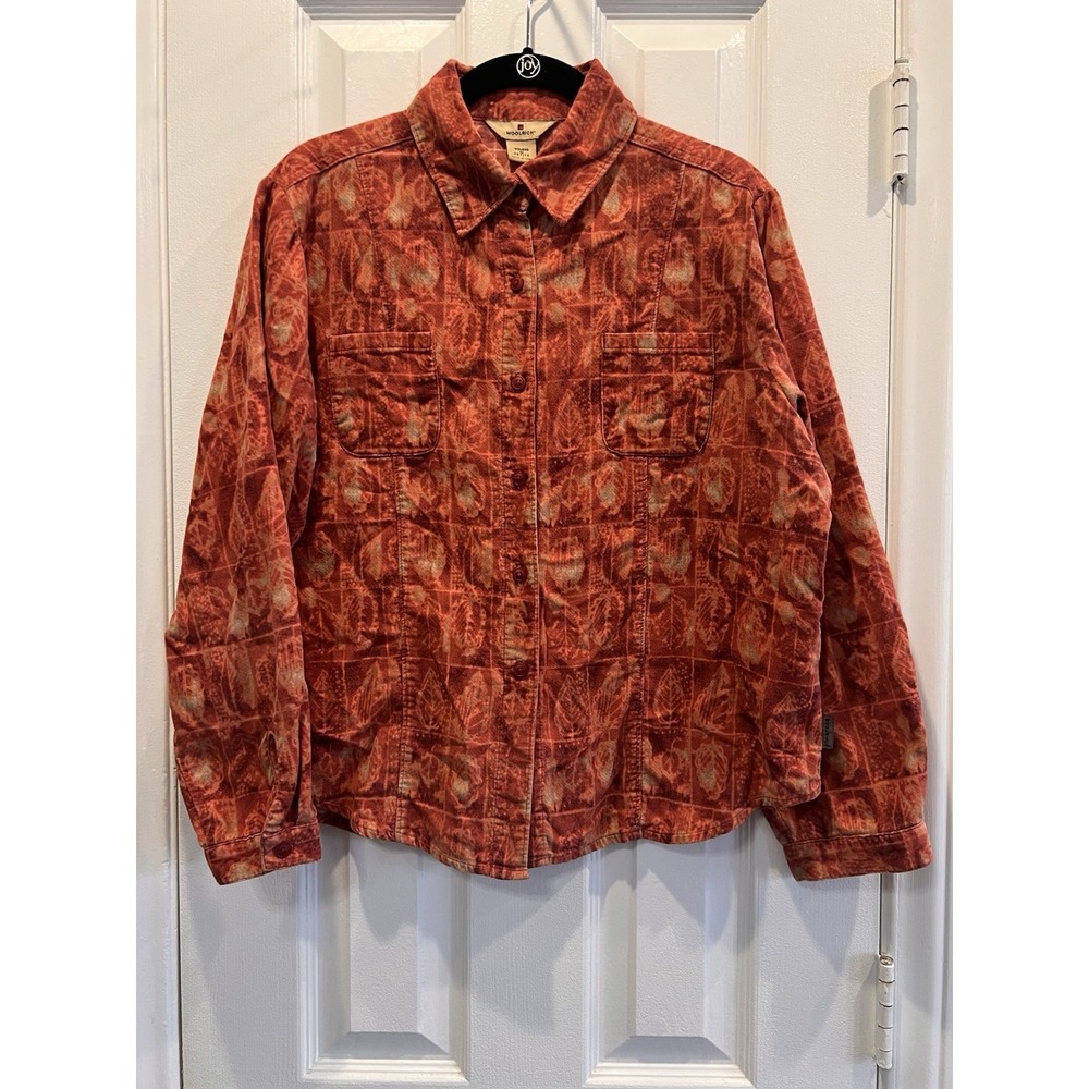 Woolrich Black Cherry Corduroy Shirt Womens M Petite Autumn Leaf Button Up VTG